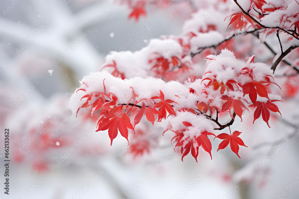 Red maple leaves in snowing in winter garden. Heavy snow is falling.