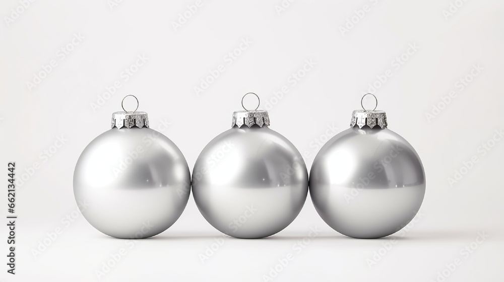 Christmas balls with silver ribbon on white background Christmas decor and toys Christmas balls with silver ribbon on white background Christmas decor and toys
