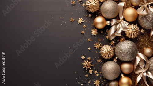 Christmas bright background with golden Xmas decorations Merry christmas greeting card Glitter gold composition Happy New Year Elegant Holiday Frame