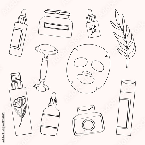 Skincare routine products sheet mask, face roller, serum, essential oil, moisturizer, mist, toner, cleansing balm and essence.