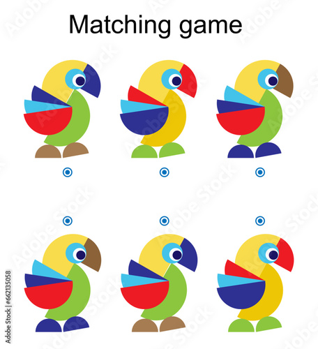 Matching game for children. Task for the development of attention and logic. Cartoon parrot.