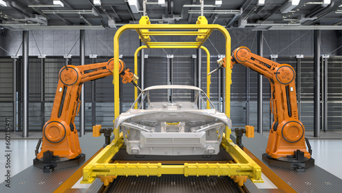 Automation automobile factory with robot assembly line manufacture ev car