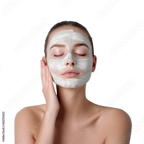 Closing eyes woman is applying cosmetic cream on her face