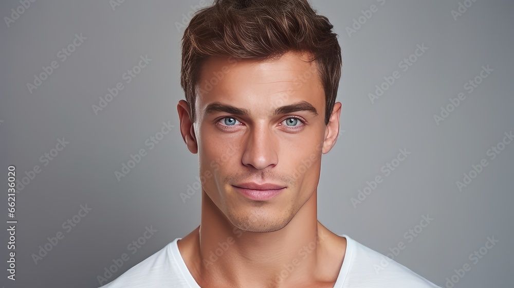 Portrait of a handsome elegant sexy Caucasian man with perfect skin, on a gray background, close-up. Portrait of a handsome elegant sexy Caucasian man with perfect skin, on a gray background, close-up.