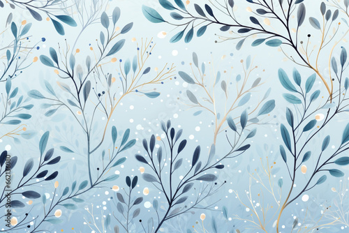 hand drawn winter background, hello winter greeting card, hello winter in blue pattern with branches, flakes and leaves