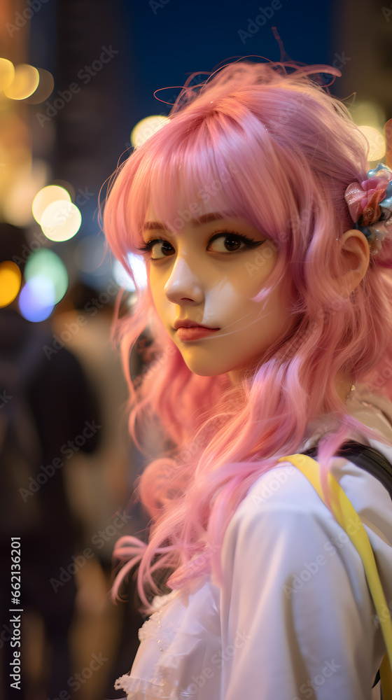 A close-up of a Harajuku teenage girl with vibrant pink hair during the nighttime