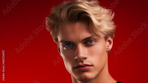Portrait of a handsome elegant sexy Caucasian blond man with blond hair with perfect skin, on a red background, close-up.