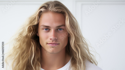 Elegant sexy smiling Caucasian blond man with blond and long hair with perfect skin, on a white background, banner.
