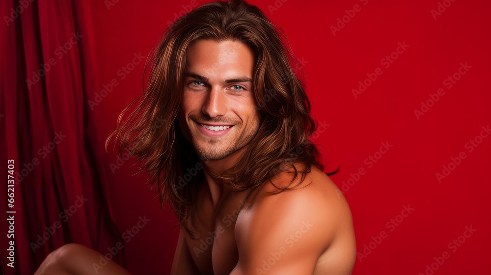 Handsome elegant sexy smiling Caucasian man with perfect skin and long hair, on a red background, banner, close-up. - obrazy, fototapety, plakaty 