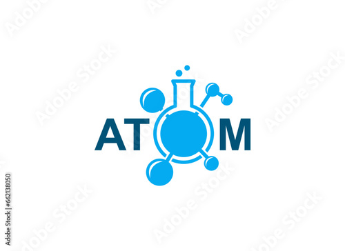 Modern logo design for the word "Atom". The logo has a test tube symbol.
