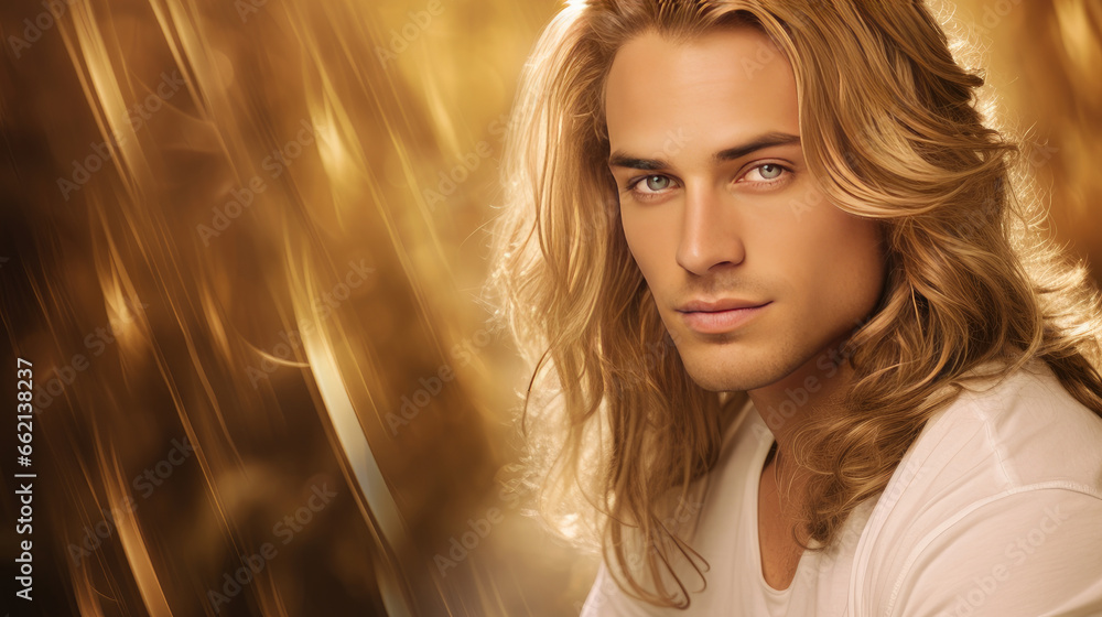 Elegant sexy smiling Caucasian blond man with blond and long hair with perfect skin, on a golden background, banner. Elegant sexy smiling Caucasian blond man with blond and long hair with perfect skin, on a golden background, banner.