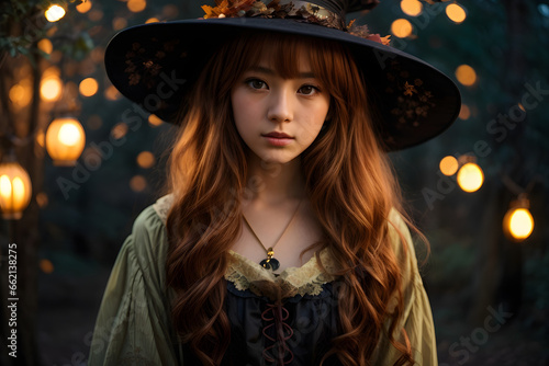 halloween witch with pumpkin,. Enchanted Forest Witch at Dusk: Mystical Lights and Natural Beauty. A Halloween Elegance Amidst Nature. Halloween Event . Beautiful witch girl.