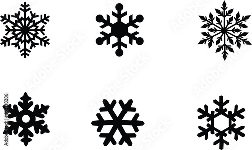 Monochrome Snowflake Winter Icons: Set of  6 Silhouettes on White