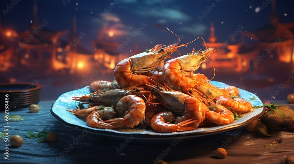 tiger Prawns as indo-chinese cuisine dish shrimps with Sauce on the side - obrazy, fototapety, plakaty 