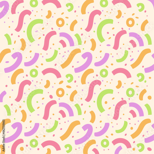 Pastel Confetti Doodle Seamless Pattern.A fun and playful seamless pattern with pastel colored confetti and doodles on a yellow background.