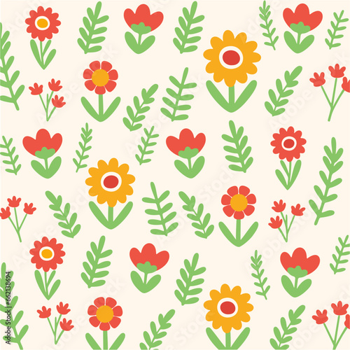 Floral Seamless Pattern.A vibrant and cheerful seamless pattern with colorful flowers and leaves on a yellow background.