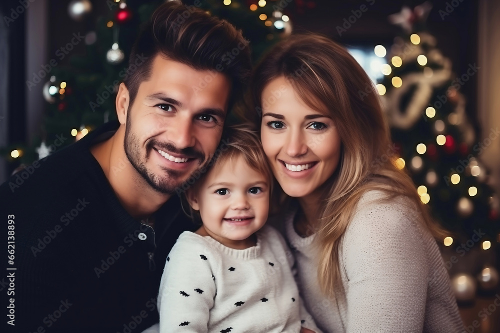 Photo of a couple and their newborn baby posing for a family portrait Photo of a couple and their newborn baby posing for a family portrait