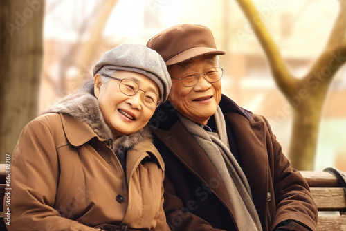 An elderly couple of oriental appearance, Asians, a man and a woman, a bench in the park. Enjoy life. Date. Elderly Asian old people. Relationships in old age. Love and romance.