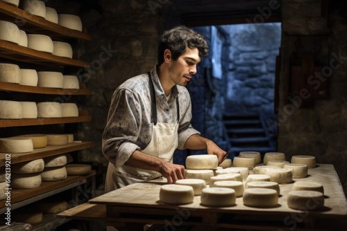 A man farmer checks the readiness of his homemade cheese. The cheese matures in the farmer's basement. Homemade cheese production. Natural product.
