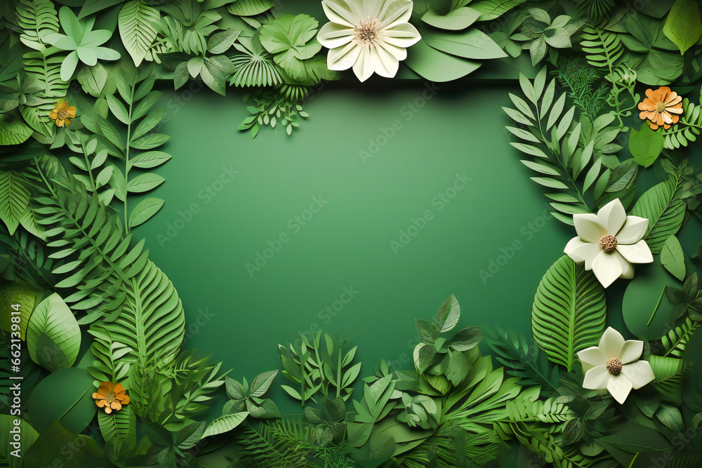 Paper cut green leaves and flowers frame with space for text Paper cut green leaves and flowers frame with space for text