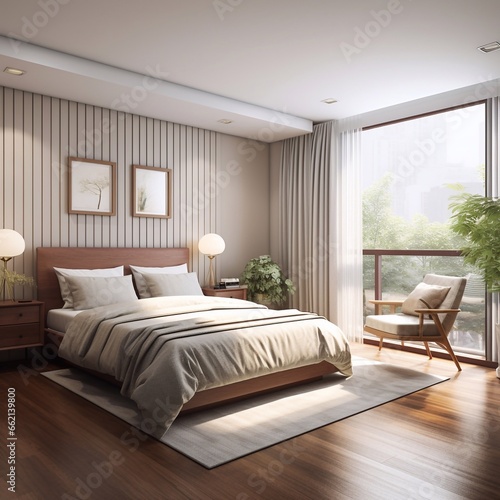 bedroom with white and concrete walls, wooden floor, brown bed with bedside tables and gray armchair © Алена Ваторина