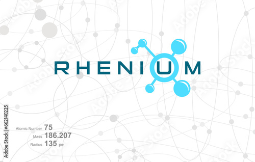 Modern logo design for the word "RHENIUM" which belongs to atoms in the atomic periodic system.