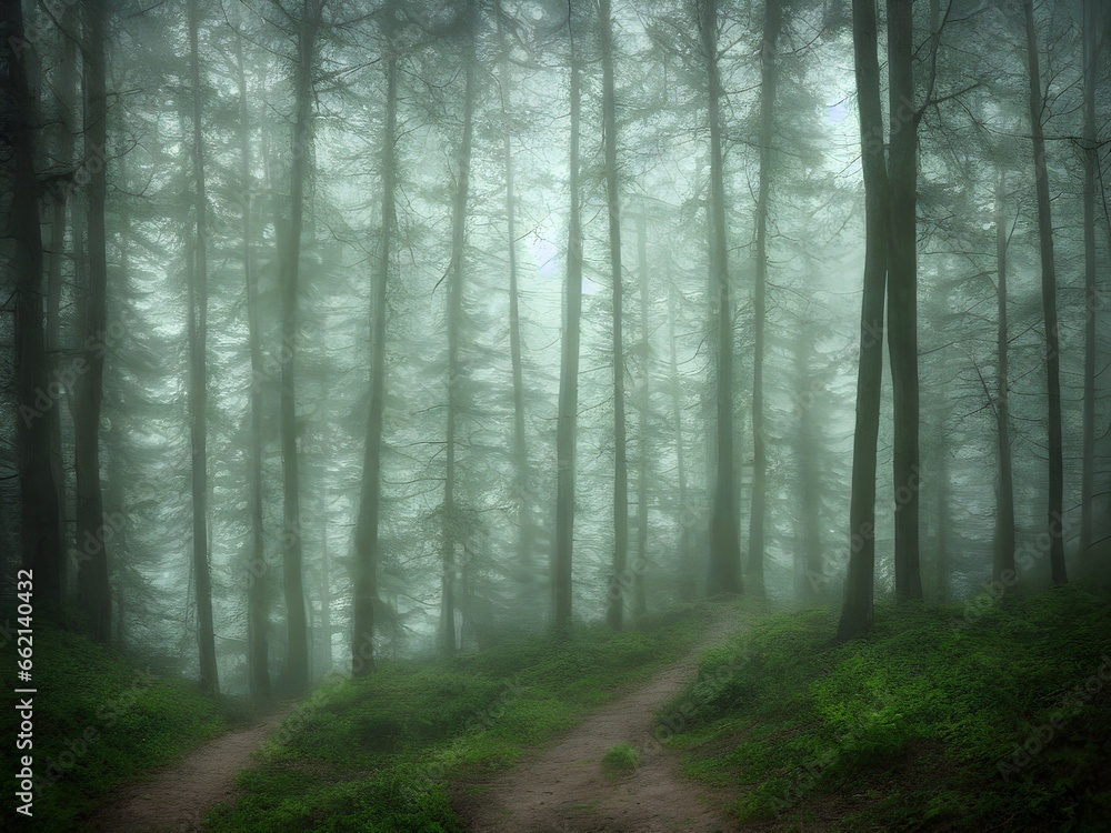 Mysterious stairs in gloomy forest