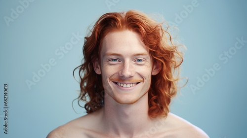 Handsome elegant sexy smiling man with perfect skin and long red hair, on a light blue background, banner, close-up.