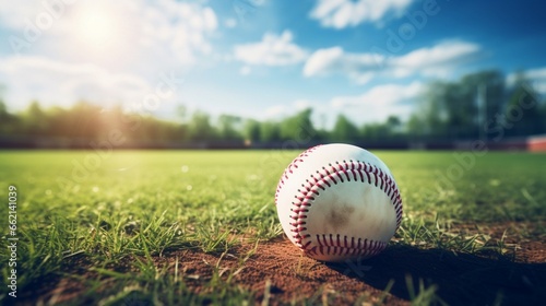 Baseball in a field with lens flare and copy space