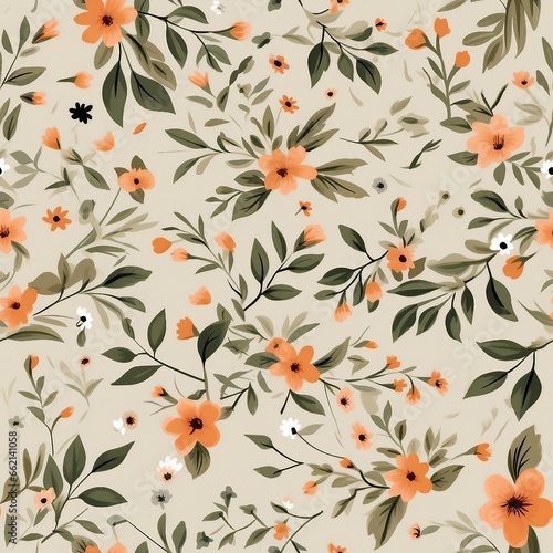 orange seamless floral vector small flowers with green leaves pattern on cream background. generative ai.