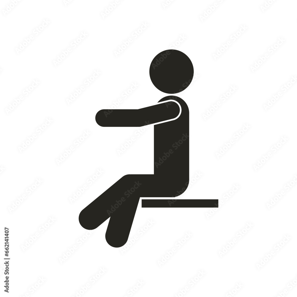 Isolated illustration of black pictogram icon man sit, seat on surface for do not sit template, waiting room, bus airport priority seat Isolated illustration of black pictogram icon man sit, seat on surface for do not sit template, waiting room, bus airport priority seat
