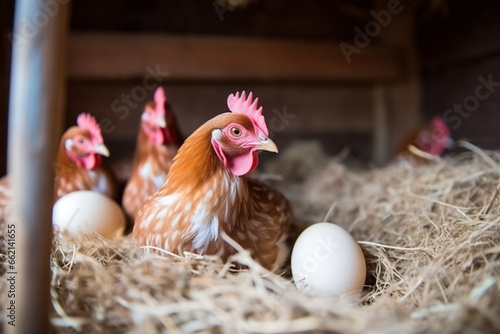 chicken laying eggs in chicken coop .Chicken eggs in chicken coop 3d rendering AI generative 