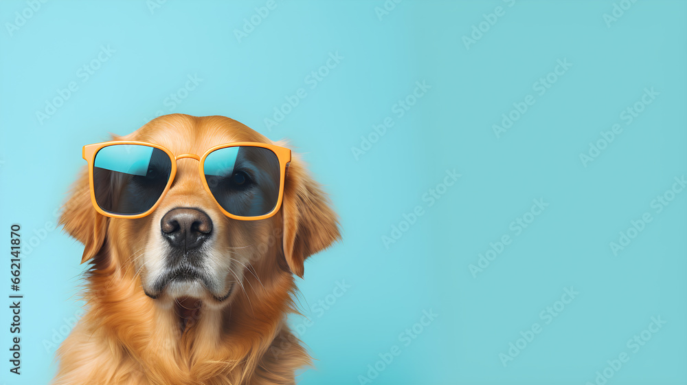 cute Golden Retrievers dog in sunglass isolated on bright pastel background. for presentation. copy text space.