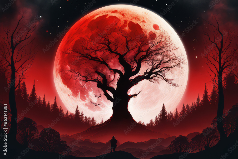 Big blood moon on the tree