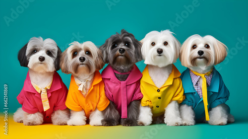 Cute Havanese dogs puppy group vibrant fashionable outfits on birthday party bright background. for presentation. copy text space.