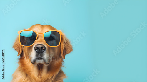 cute Golden Retrievers dog in sunglass isolated on bright pastel background. for presentation. copy text space. © CassiOpeiaZz