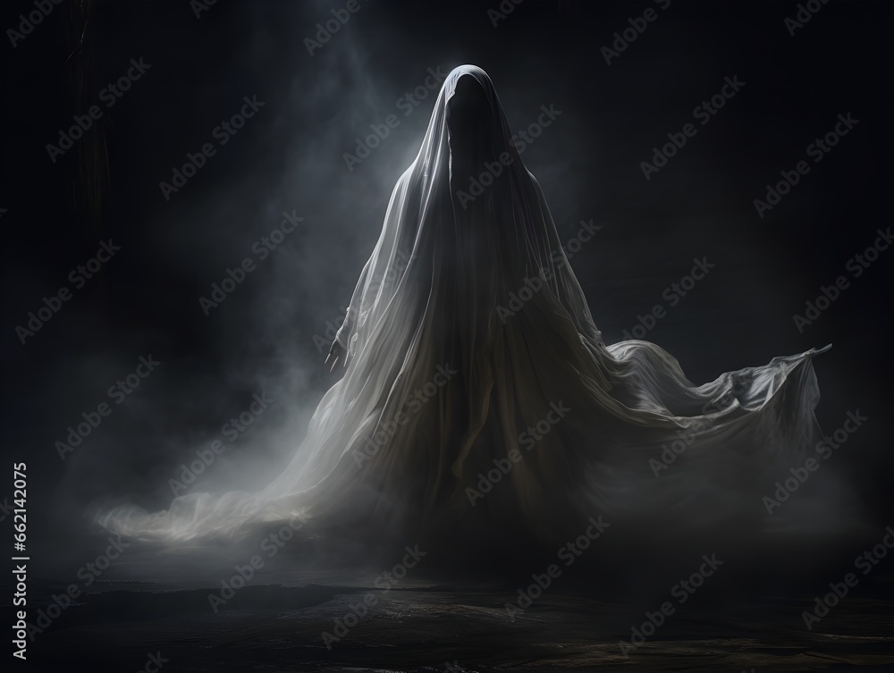 Ethereal figure wrapped in a white veil floating, emerging from the ...