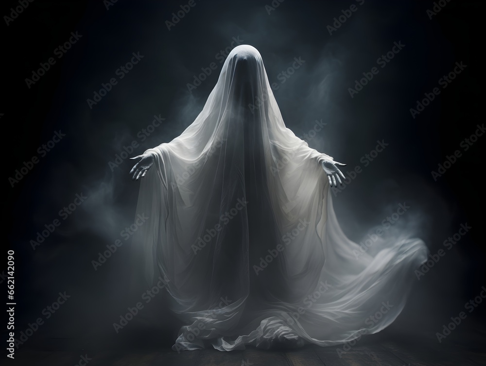 Mysterious silhouette wrapped in white drapery swaying, suspended in a misty, gloomy atmosphere, evoking feelings of magic and mystery. Mysterious silhouette wrapped in white drapery swaying, suspended in a misty, gloomy atmosphere, evoking feelings of magic and mystery.