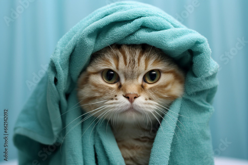 Cat after shower in a towel