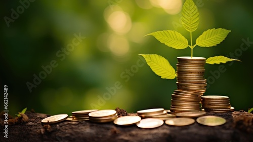 Coins and trees planted on piles of coins for finance and banking