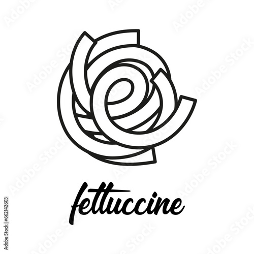 fettuccine pasta sketch, outline black and white flat style macaroni illustration isolated on white background