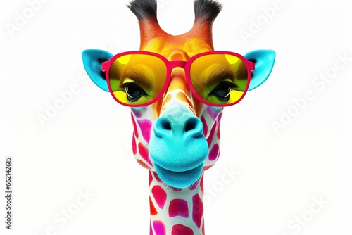 Funny giraffe wearing sunglasses in studio with a colorful and white background