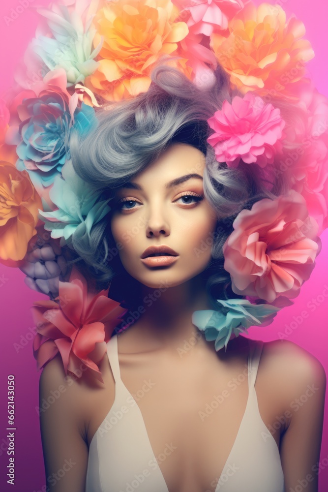 Fototapeta premium Portrait of a mysterious girl with gray hair and futuristic multi-colored flowers on her head on a pink pastel background.