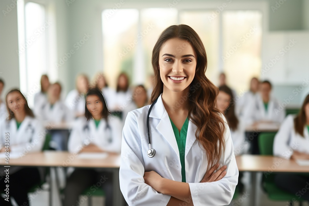 Female woman doctor nurse portrait shot smiling cheerful confident standing front row in medical training class or seminar room background - obrazy, fototapety, plakaty 