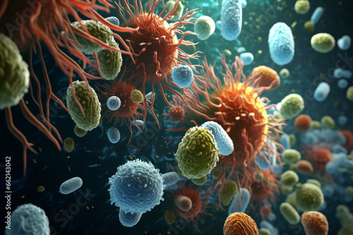 dangerous bacteria, germs, viruses in the human body, 3d rendering, AI generative 