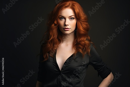 Full length portrait of cute redhead posing for the studio lighting, black backdrop