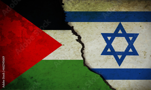 Concept of conflict war and crisis between Israel and Palestine in the Middle East. Flags of Palestine and Israel together and split diagonally