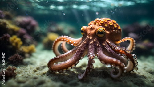  a octopus on beautiful under sea background.  photo