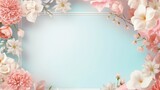 space for text on pastel background surrounded by spring trees and florals from top view, background image, AI generated