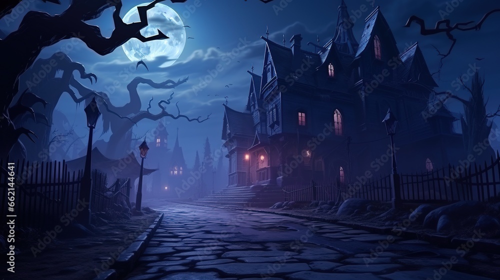 Halloween concept background of realistic horror house and creepy street with moonlight